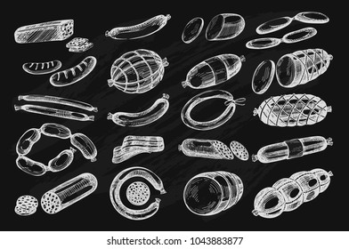 Vector set with sketch sausages on the black background