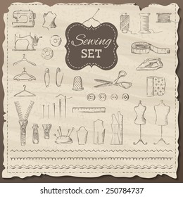 Vector set of sketch sewing elements. Old illustration in sepia. Vintage elements for your design. 