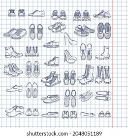 Vector Set of Sketch Shoes Items on Checkered Background