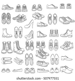 Vector Set of Sketch Shoes Items. Running Shoes, Sneakers, Boots, Ballet Flats, Gumshoes, Classical Shoes.