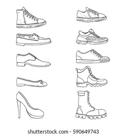 Vector Set of Sketch Shoes Items on White Background