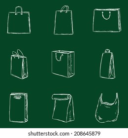  Vector Set of Sketch Shopping Bags. Chalk on a Blackboard.