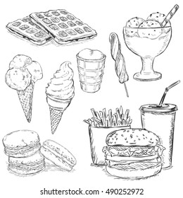 Vector Set of Sketch Snack Items. Fast Food, Drinks, Desserts and Ice Cream.