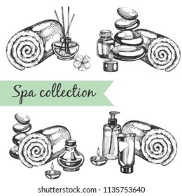 Vector set with sketch spa illustrations. Towel, stones, aroma candle, oil,