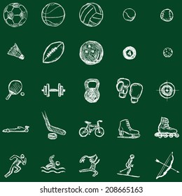  Vector Set of Sketch Sports Icons. Chalk on a Blackboard.