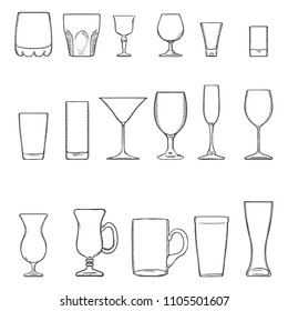 Vector Set of Sketch Stemware. Glasses for Alcohol, Cocktails and Soft Drink