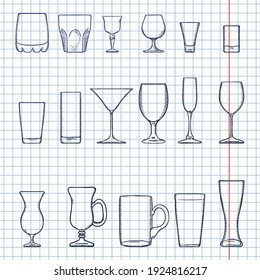 Vector Set of Sketch Stemware. Glasses for Alcohol, Cocktails and Soft Drink