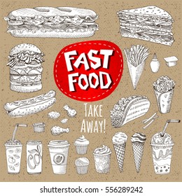 Vector set. Sketch style. Fast food. Hamburger, taco, burrito, chicken, potato, fries, sandwich, coffee, lemonade, ice cream, hot dog, ketchup, mustard, soda, beer. Hand drawn design, cardboard.