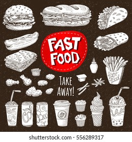 Vector set. Sketch style. Fast food. Hamburger, taco, burrito, chicken, potato, fries, sandwich, coffee, lemonade, ice cream, hot dog, ketchup, mustard, soda, beer. Hand drawn design, cardboard.
