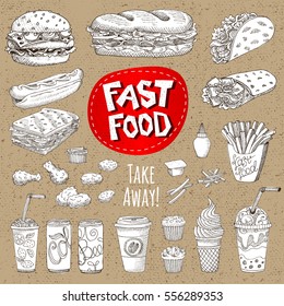 Vector set. Sketch style. Fast food. Hamburger, taco, burrito, chicken, potato, fries, sandwich, coffee, lemonade, ice cream, hot dog, ketchup, mustard, soda, beer. Hand drawn design, cardboard.