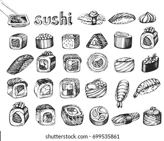 Vector set of sketch sushi rolls