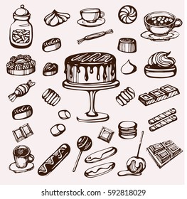 Vector set of sketch sweets, cake, croissant and candy.