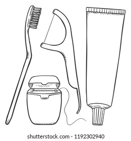 Vector Set of Sketch Tooth Brushing Items. Tooth Brush, Dental Floss, Dentifrice.