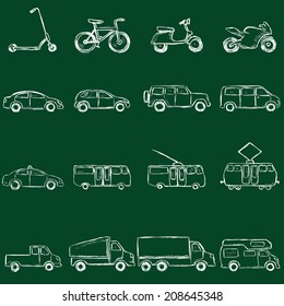 Vector Set of Sketch Transportation Icons. Chalk on a Blackboard.