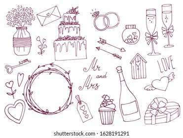 Vector Set of Sketch wedding Icons. Line art. Doodle style. Romantic illustration for invitation, menu and decorative elements. Greeting cards.