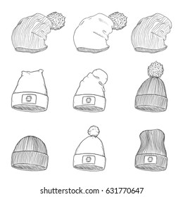 Vector Set of Sketch Winter Caps and Hats. Seasonal Headwear.