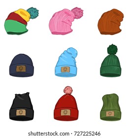 Vector Set of Sketch Winter Caps and Hats. Seasonal Headwear.