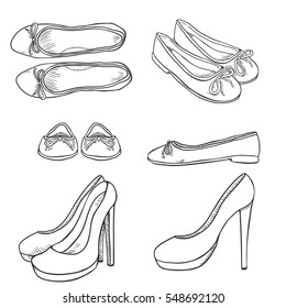 Vector Set of Sketch Women High Heel Shoes and Ballet Flats