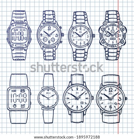 Vector Set of Sketch Wrist Watches on Checkered Background