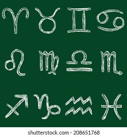  Vector Set of Sketch Zodiac Icons. Chalk on a Blackboard.