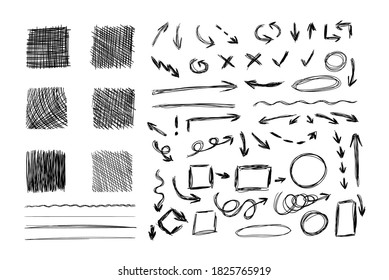 Vector Set of Sketched Design Elements, Hatch Drawing Textured Squares, Arrows, Scribble Lines, Different Geometric Shapes, Black and White Illustration.