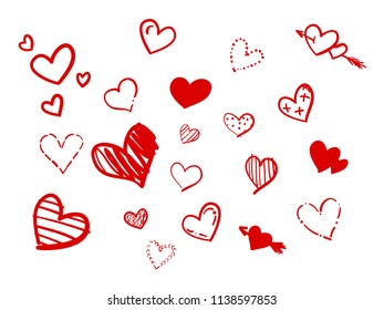 Vector set of Sketched Red Hearts. Hand drawn illustrations.