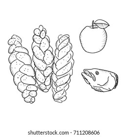 Vector set of sketches attributes celebration of Rosh Hashanah - jewish new year - the traditional food , candles , torus , shofar