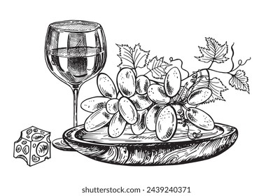 Vector set of sketches of beverage and food on a white background. Wine glass grapevine leaf, a piece of cheese and the branches of the vine. Menu, design, flyer. web, restaurant