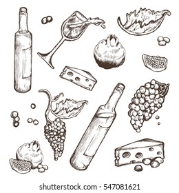 Vector set of sketches of beverage and food on a white background. Wine bottle and wineglass, fruit, a piece of cheese and the branches of the vine