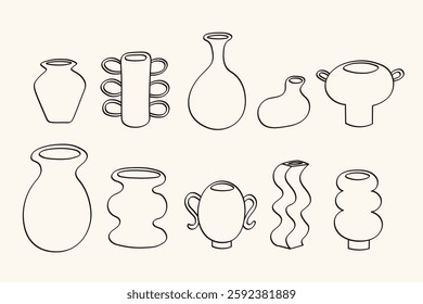 Vector set with sketches of Ceramic Vases and terracotta pots. Collection with different Pottery Clay Jar in line art style. Hobby and 
crockery decor. Hand Drawn Illustration on isolated background 