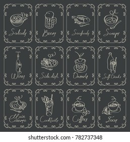 Vector set of sketches of different dishes with handwritten inscriptions framed with swirls on a black background. Outline drawing with chalk on a blackboard in a retro style