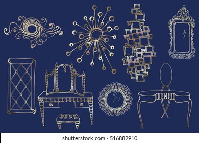 Vector set of sketches elegant mirrors and dressing tables -bronze lines in dark background blue, i hand drawing,  for interior decoration of fashion style  room 