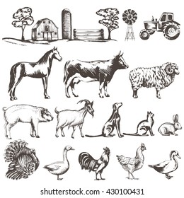 Vector set of sketches of farm animals isolated on white background. Landscape. Countryside, barn, tractor, nature