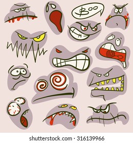 Vector set of sketches of fearful and scared faces. Halloween theme. Cartoon elements for halloween design.
