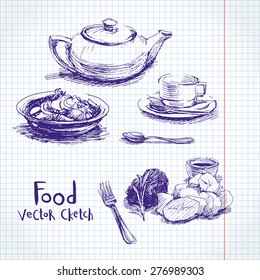 Vector set of sketches of food and dishes.