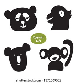 Vector set of sketches of funny doodle drawn animals. Monkey, koala, panda, parrot vector isolated silhouettes on white background