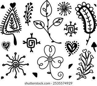 A vector set of sketches of a leaf or twig on a separate transparent background. Natural shapes of plants and flowers for a logo or design
