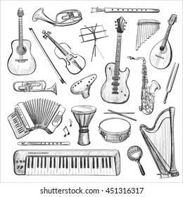 Vector set of sketches of musical instruments . Isolated pictures on a white background .