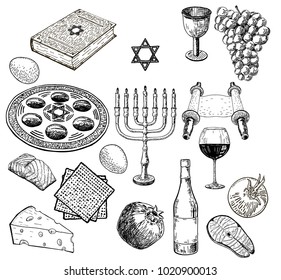 Vector set of sketches on the theme of Passover. Attributes and symbols of the Jewish holiday. Dish Passover, matzah, the Haggadah. Can be used as Coloring book.