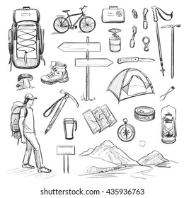 Vector set of sketches on the theme of hiking. Camping accessories on a white background