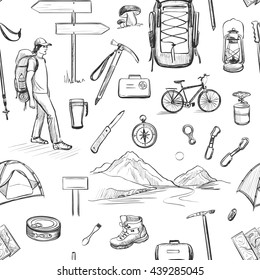 Vector set of sketches on the theme of hiking. Seamless pattern