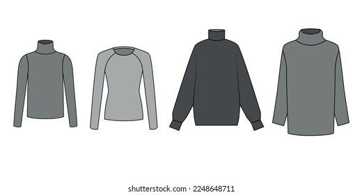 Vector set of sketches of sweaters. Outline drawings of a turtleneck, rash guard, sweater, oversized sweater with a collar,. Template of fashion models of jackets on a white background.