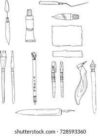 Vector set of sketches of various paint instruments isolated on a white background. Doodle illustrations of drawing instruments over white background. EPS 10.