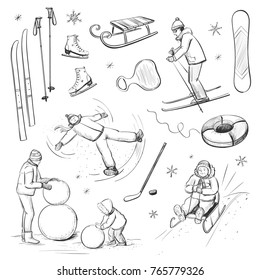 Vector set of sketches of winter games on snow. Children form a snowman, ride a sleigh and ski