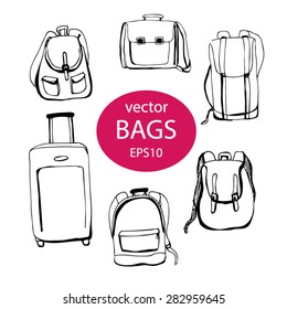 Vector set of sketchy bags. Collection backpacks, suitcase and bags drawn in doodle style.  Black outlines on white background.