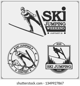 Vector set of Ski jumping emblems. labels, badges and design elements. Print design for t-shirt. Sport club emblems.