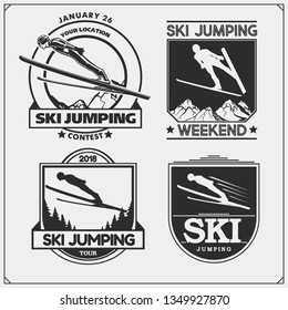 Vector set of Ski jumping emblems. labels, badges and design elements. Print design for t-shirt. Sport club emblems.