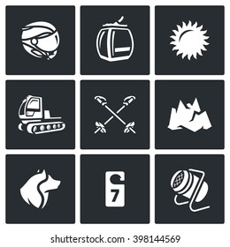 Vector Set of Ski Resort Icons. Helmet, Funicular, Weather, Machine rolling slope, Poles, Mountain, Rescue Dog, Hotel, Snow Cannon. Winter sports holiday in the highlands and equipment