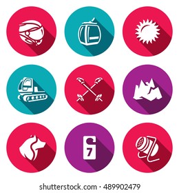 Vector Set of Ski Resort Icons. Helmet, Funicular, Weather, Machine rolling slope, Poles, Mountain, Rescue Dog, Hotel, Snow Cannon.