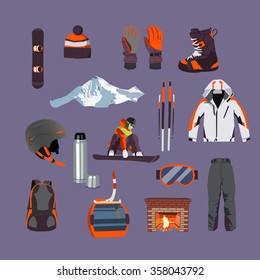 Vector Set Of Ski And Snowboard Equipment Icons. Winter Sports Equipment Isolated Elements Set In Flat Design Style. Cable Car.